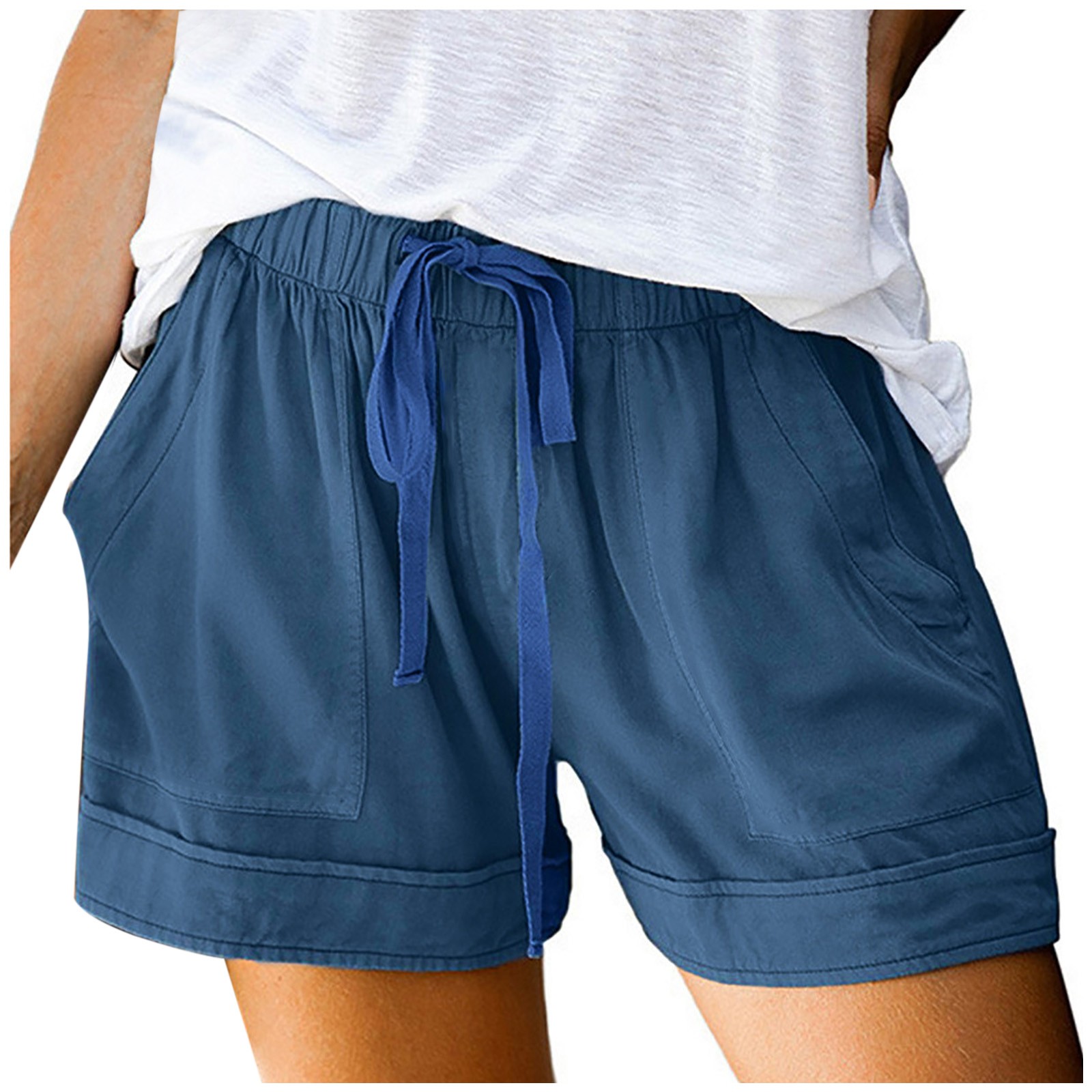 thumbnail image 1 of Pantalones cortos cómodos con cordón y cintura elástica para mujer - Pantalones holgados de color liso con bolsillos - Ropa informal de verano de poliéster, 1 of 8